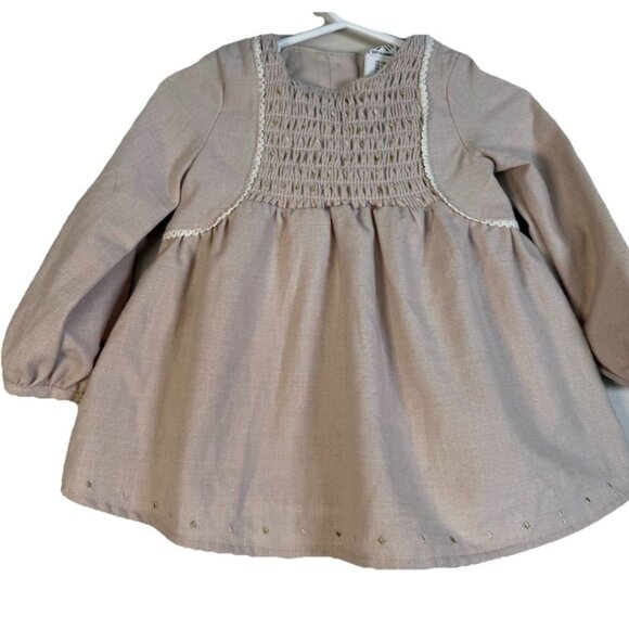 Artisan NY Other - Artisan NY Dress long Sleeve Beige Smocked Baby Dress Polka Dot Detail 12 Months